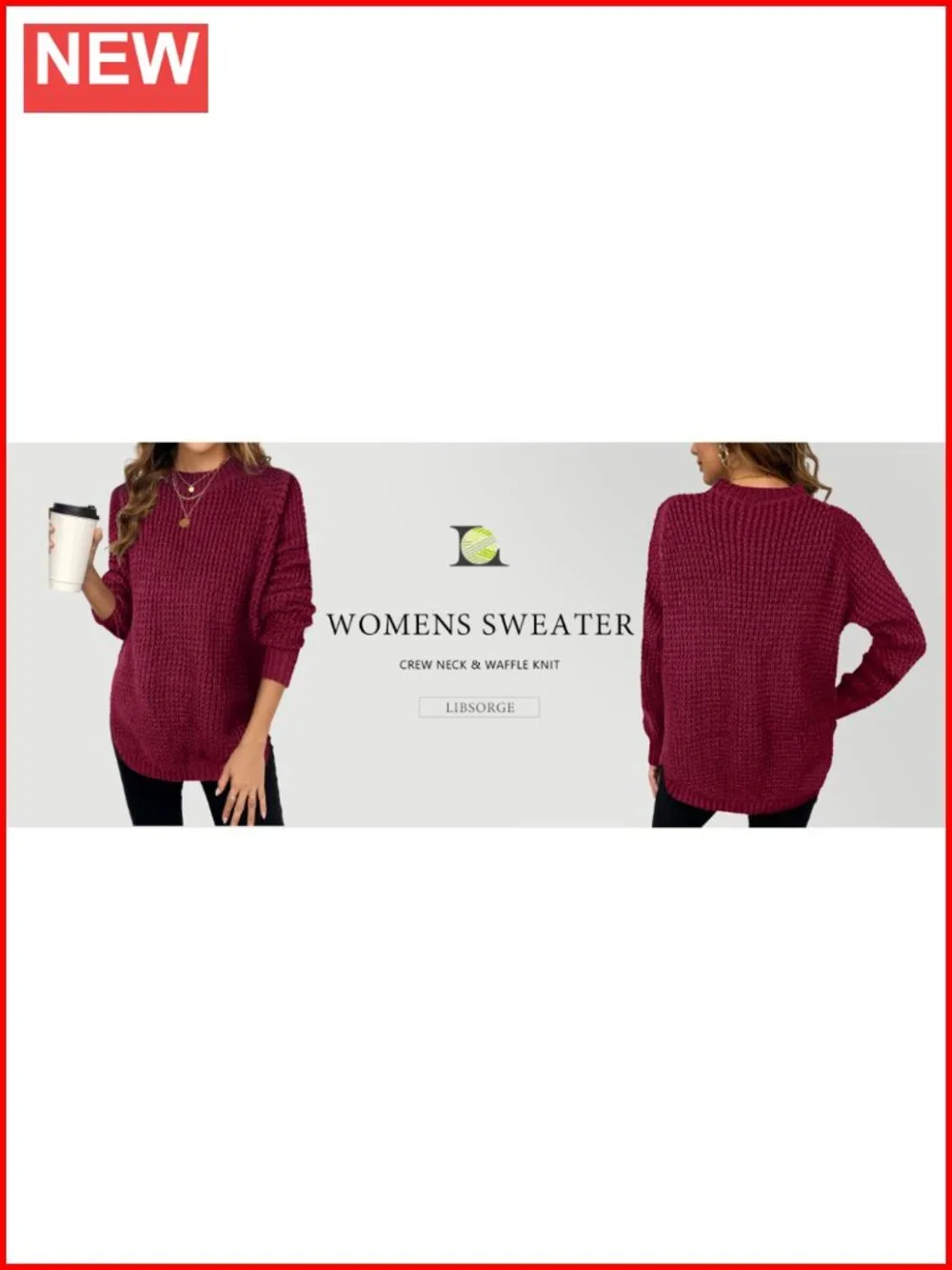 Womens Chunky Waffle Knit Sweater Crewneck Pullover Long Sleeve